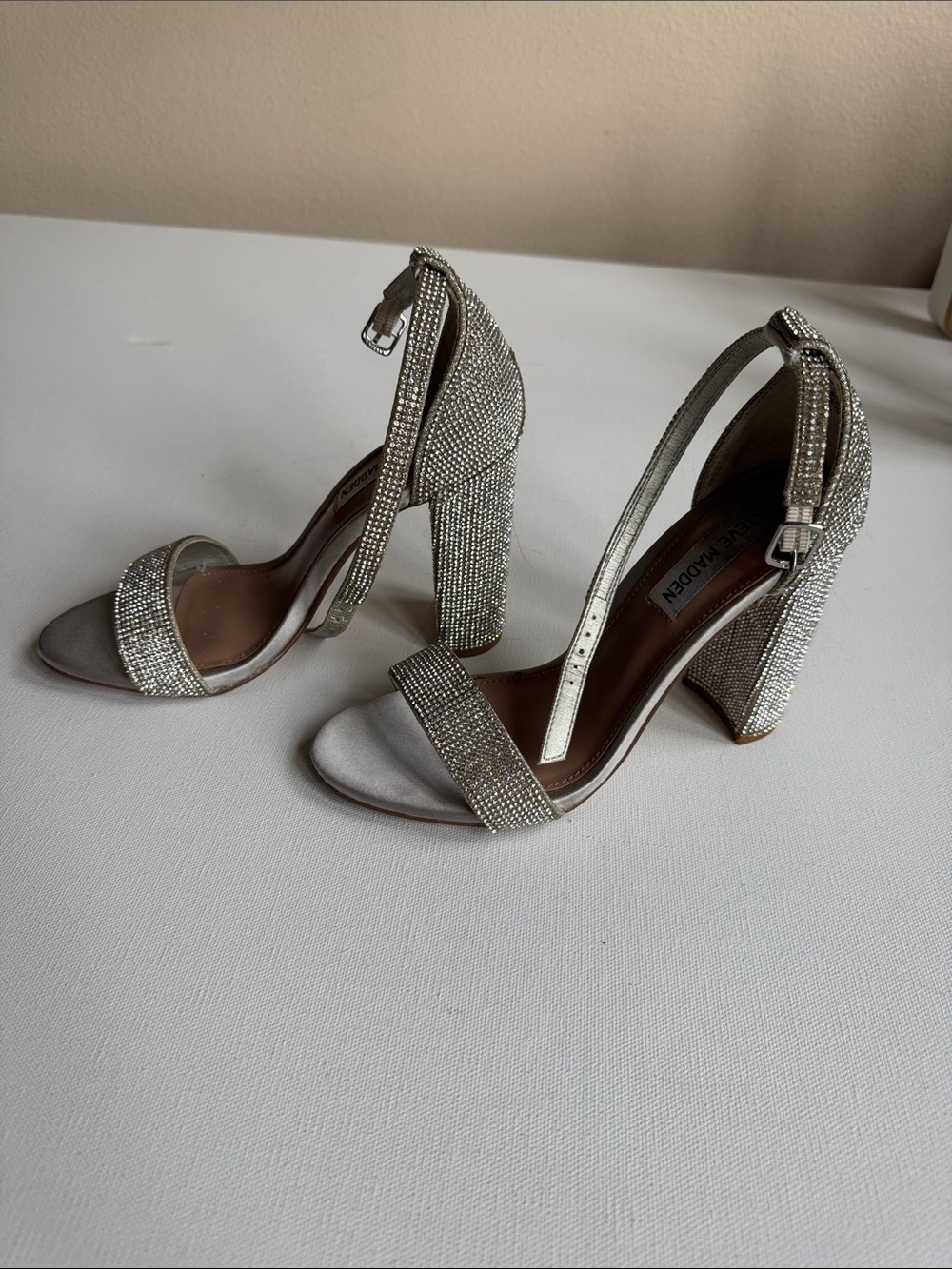 Steve Madden Silver Crystal Block Heel Sandals